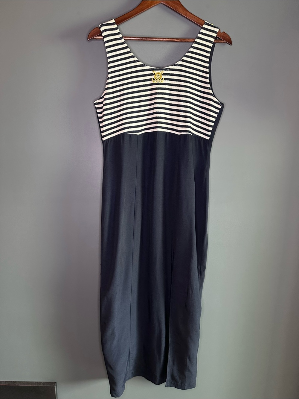 Vintage RJ&Co Nautical Midi Dress Sz 8 Navy White Striped Gold Anchor USA